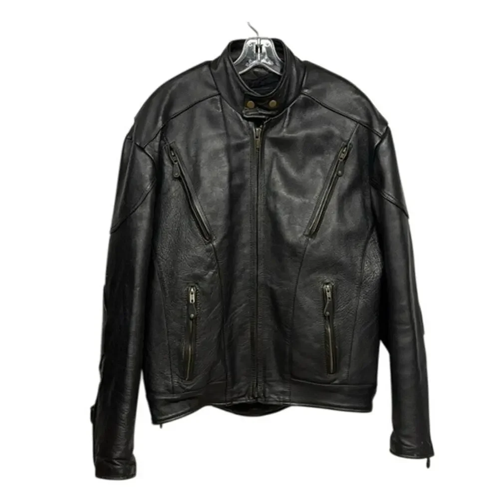 Vintage Zony Inc Men's Black Leather Biker Punk Motorcycle Vented Jacket Size 46